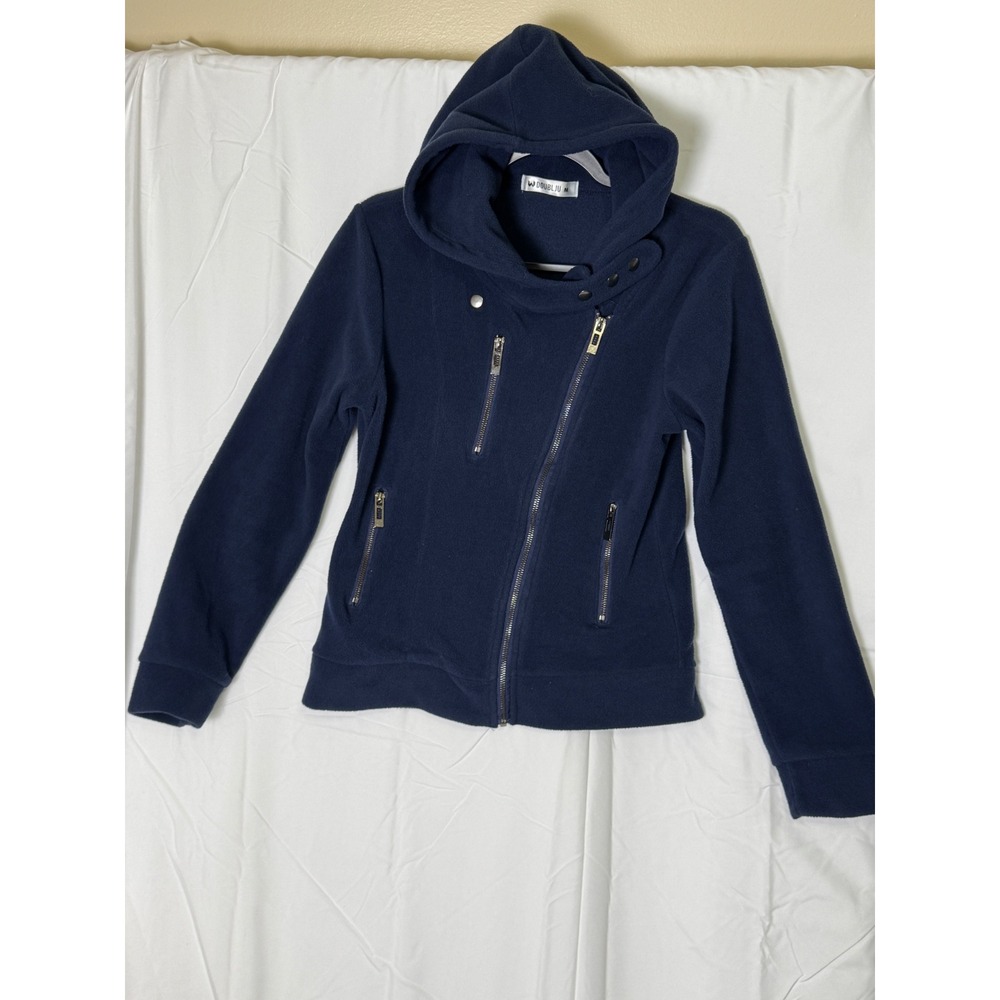 Doublju Navy Blue Fleece Moto Hoodie Jacket Womens‎ Size M Asymmetrical Zip